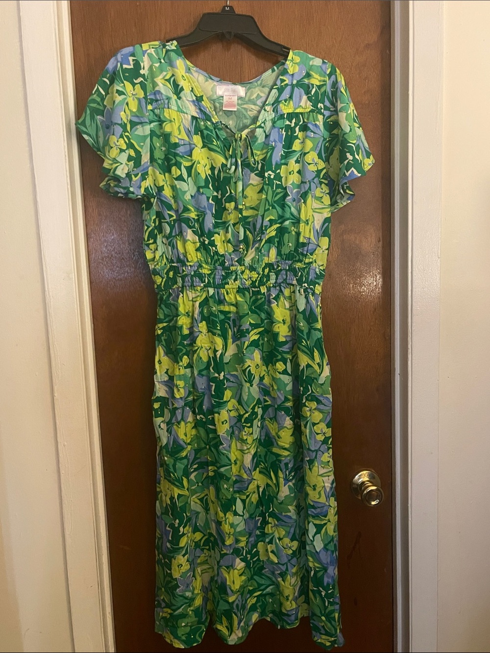 Floral Green & Yellow Midi Dress with Tie Neck
